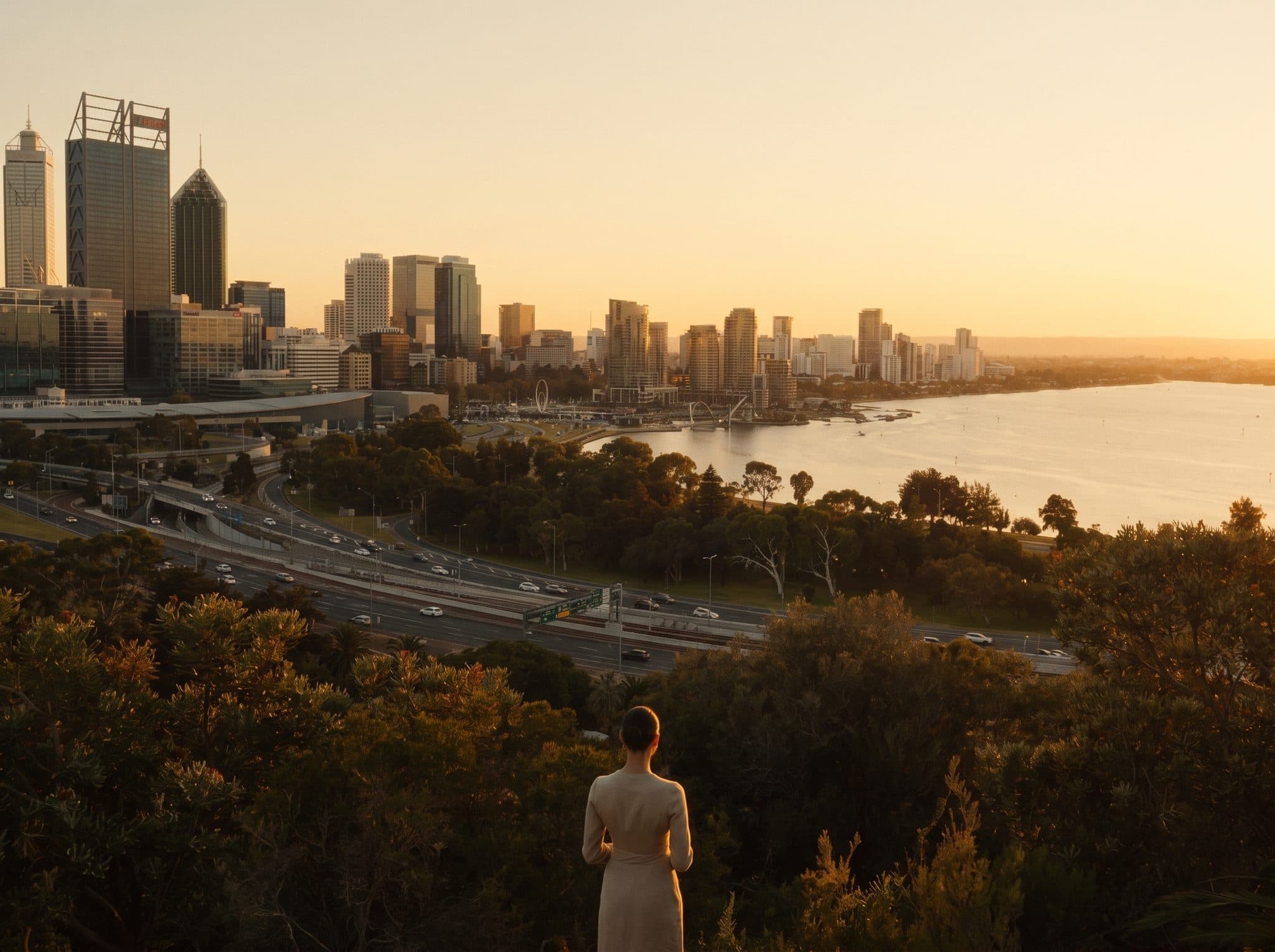 Perth from the Kings Park lookout at golden hour, a guest among the treetops